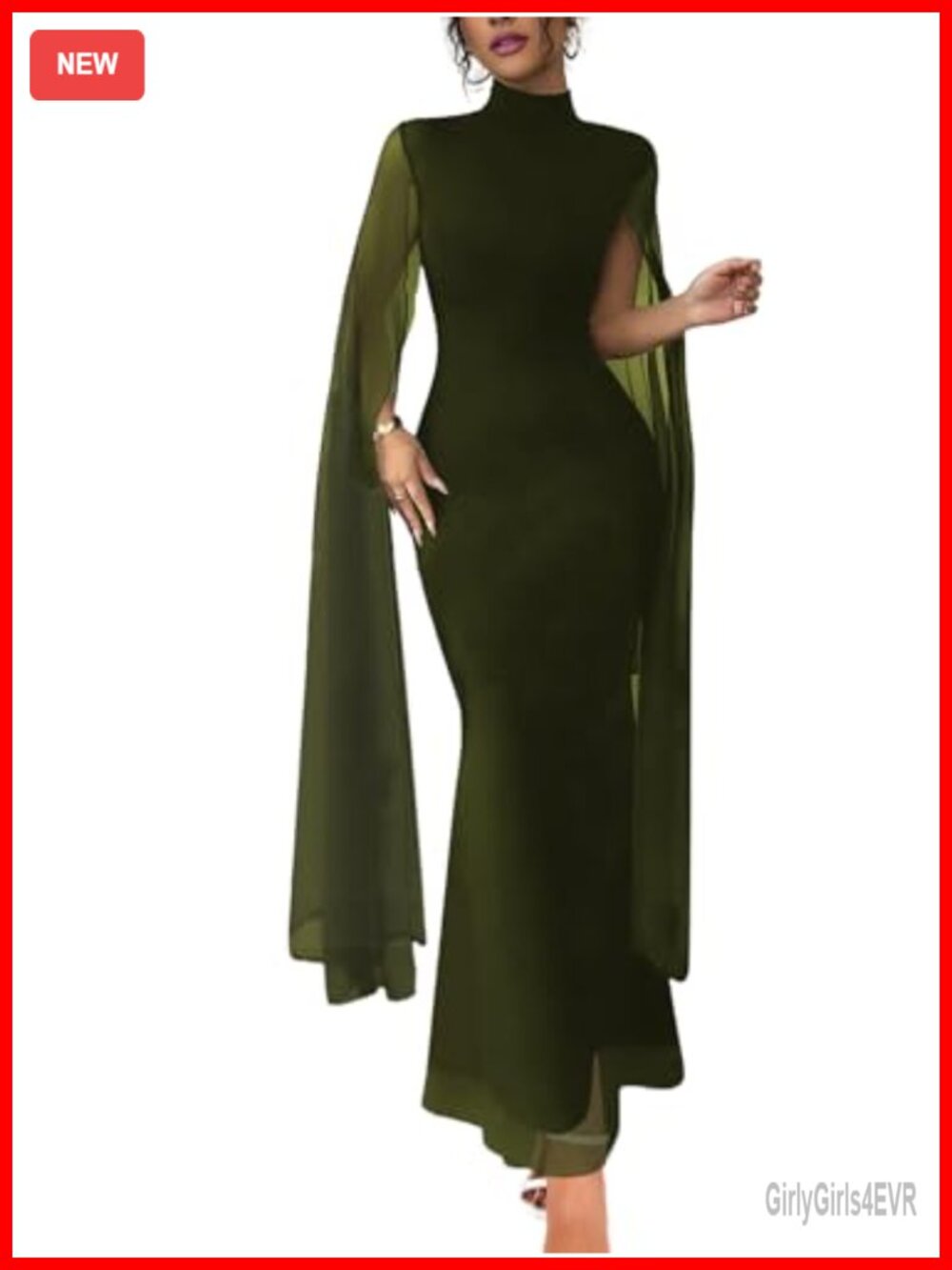 Mock Neck Bodycon Maxi Dress with Mesh Cape Sleeve Formal Evening Gown